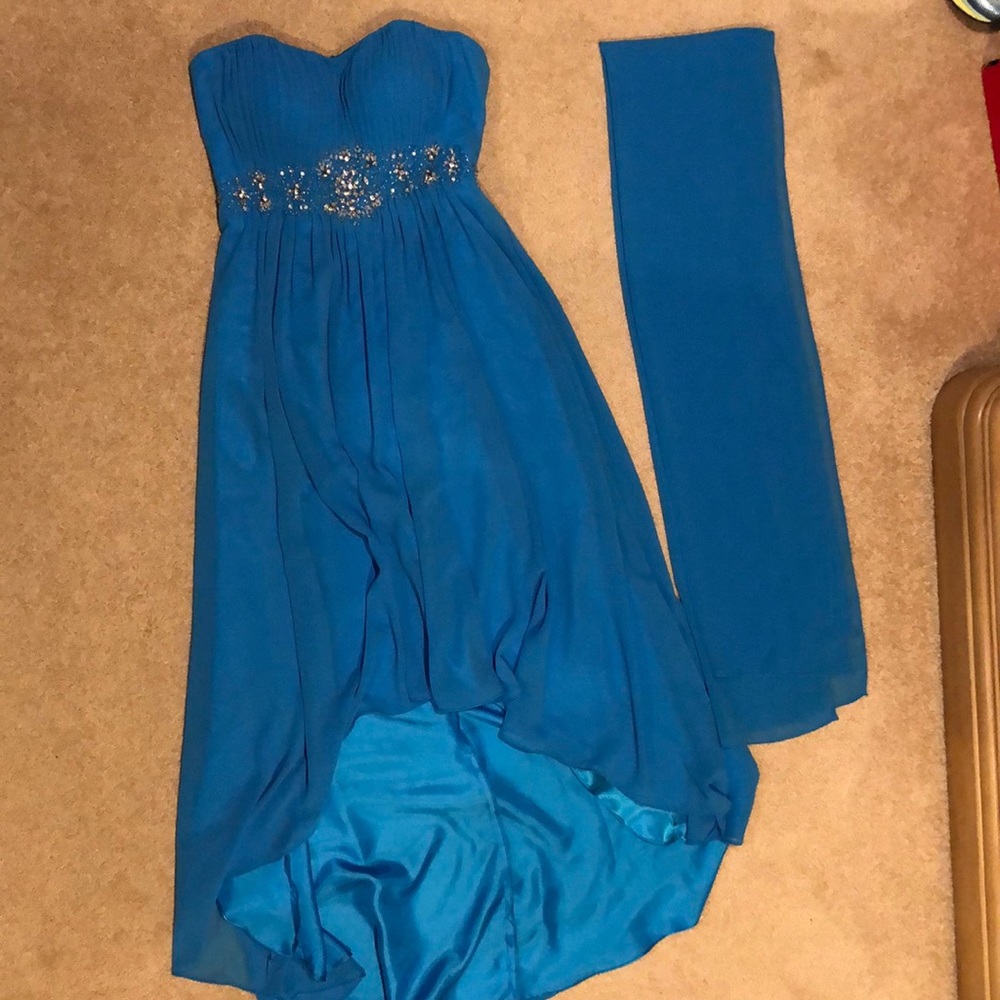 Blue strapless dress with matching blue shawl